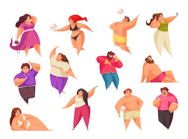 Free Vector body positive icon set with woman and man enjoy life and do their own thing vector illustration