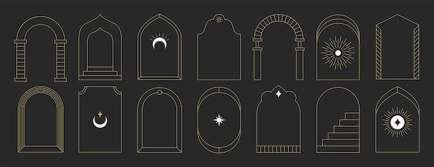 Free Vector boho arch frames mystical minimalist linear borders with sun moon and stairs