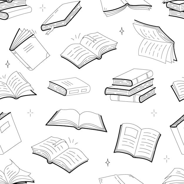 Books seamless pattern, doodle outline textbooks