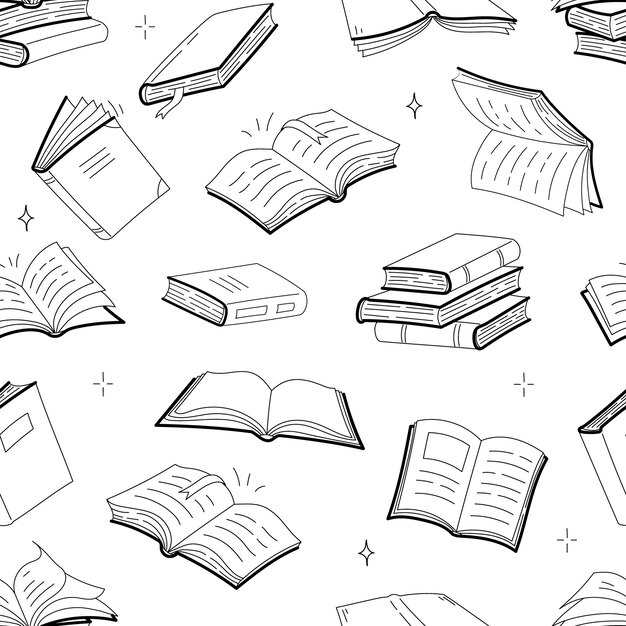 Books seamless pattern, doodle outline textbooks