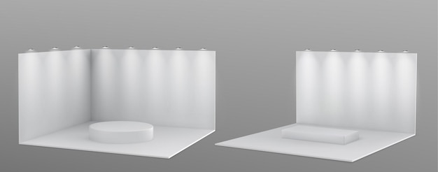 Booth stand with platform and spotlights 3d mockup