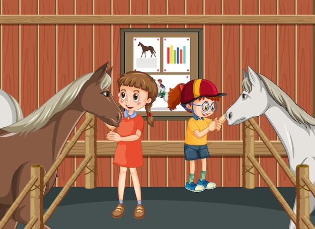 Free Vector a boy and girl with a horse at stable scene