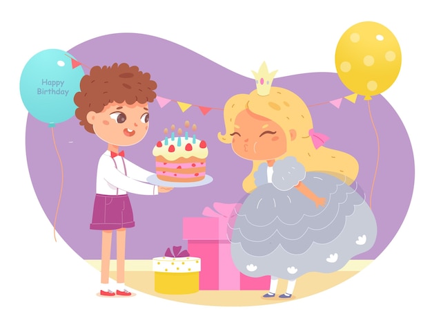 Boy giving birthday cake to girl at party to blow candles Happy children friendship smiling kids celebrating holiday with sweet gift presents balloons