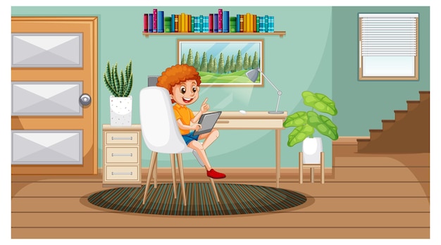 Free vector boy learning from home on electronic device