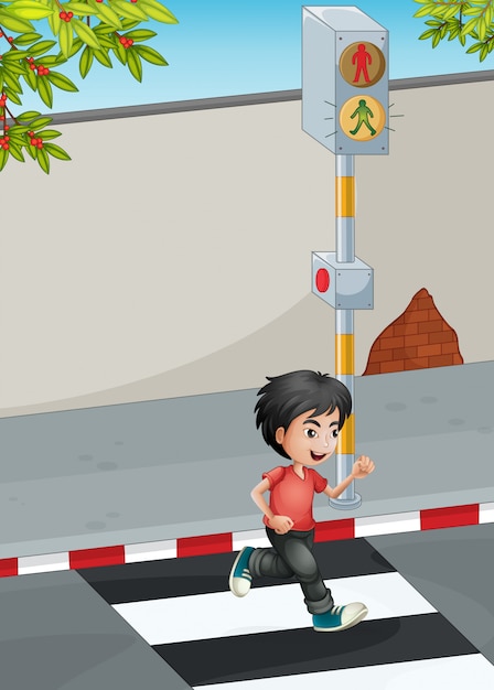 Free Vector a boy running while crossing the street