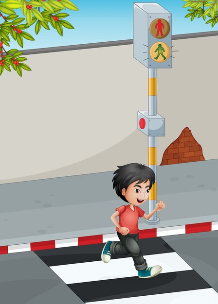 A boy running while crossing the street