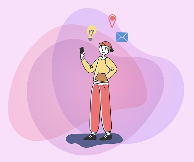 Free Vector boy using smartphone for sending emails