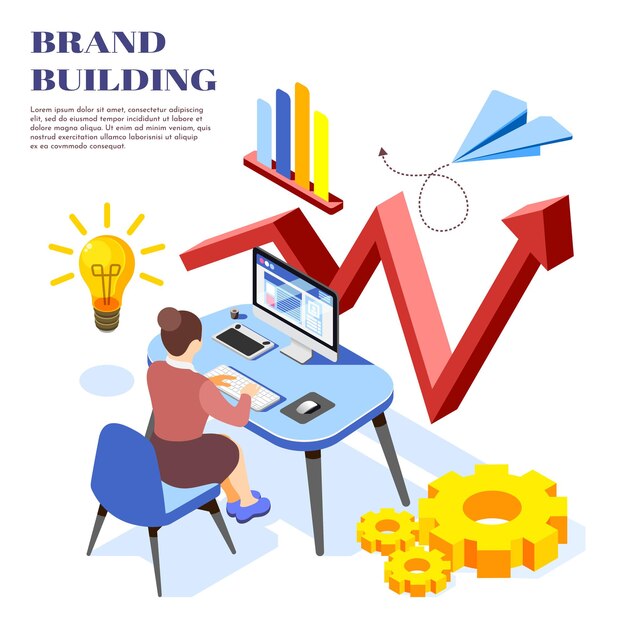 Brand building ideas isometric illustration composition with women analyzing revenue growth diagram on computer screen