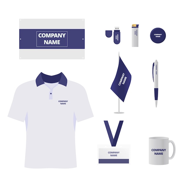 Free vector branded souvenirs set company gift shop products t shirt id badge and mug corporate identity business merchandise flash drive and lighter