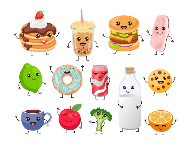 Free Vector breakfast food characters with cute faces. funny pancake, bacon, bottle of milk, apple, cookie, cup of coffee, toast and drinks on white background. healthy food, meal cartoon illustration set concept