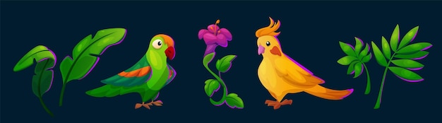 Free vector bright colorful parrots tropical leaves flower