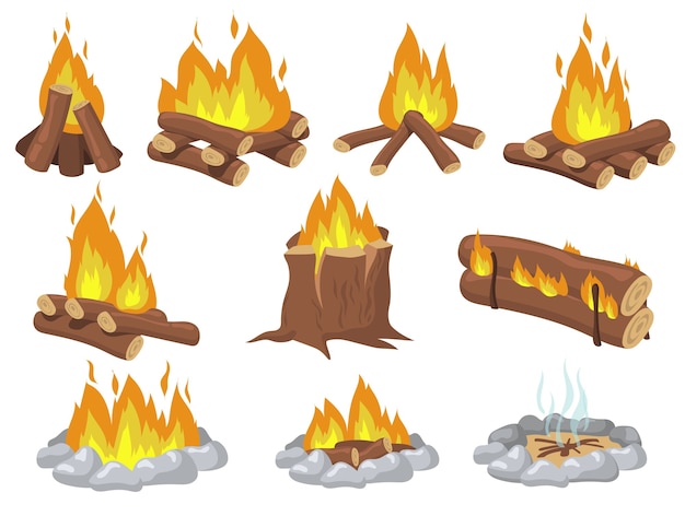 Free Vector bright wood campfire and bonfire flat item set. cartoon fire for camping  isolated vector illustration collection. travel and adventure concept