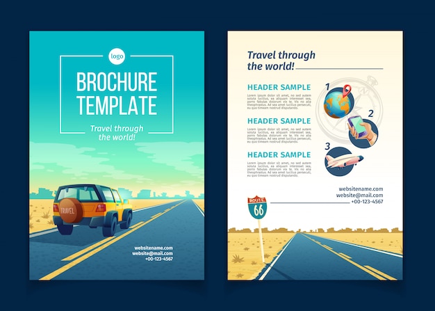 Free vector brochure template with desert landscape. travel concept with suv on asphalt way to canyon
