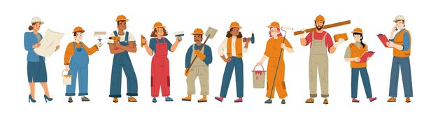 Builders and construction workers in helmets