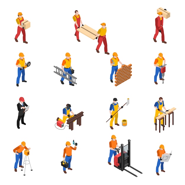 Free vector builders construction workers isometric icons collection