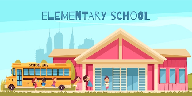 Free Vector building of elementary school yellow bus and cheerful pupils on blue sky background cartoon 