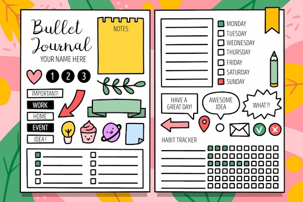 Bullet journal planner with elements template