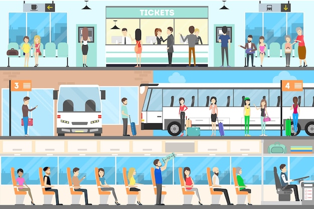 Free Vector bus interior set seat in the bus bus stop and buying tickets