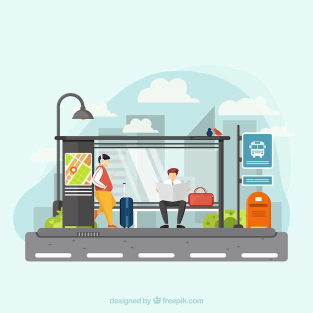 Free Vector bus stop and people with flat design