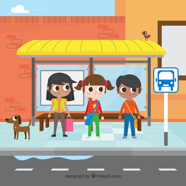 Free vector bus stop and people with flat design