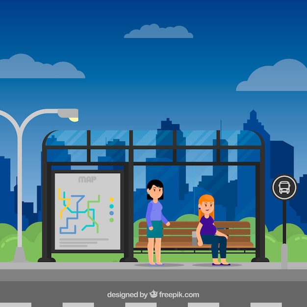 Bus stop and people with flat design