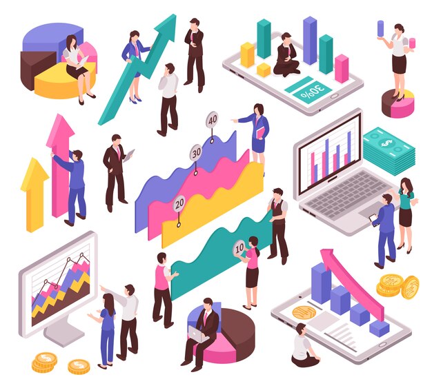 Business analyst set with diagrams and charts isometric isolated