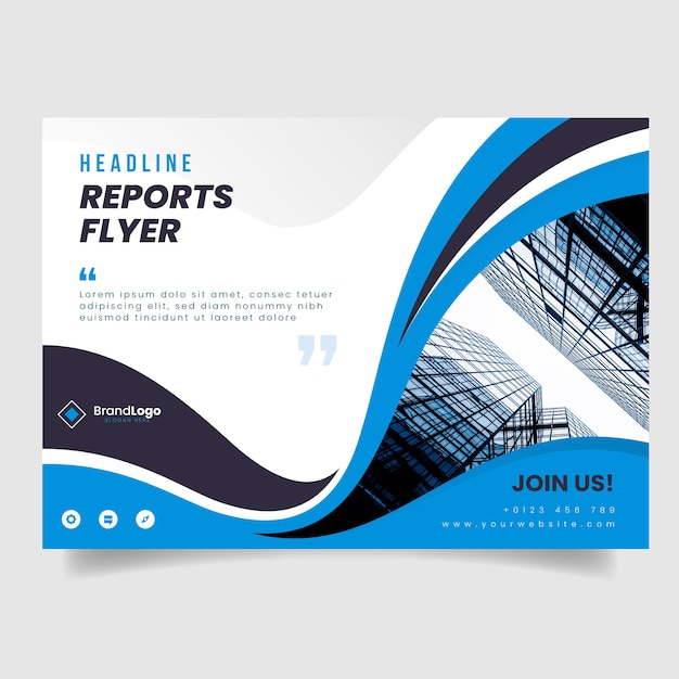 Business flyer template with buildings photo and wavy shapes