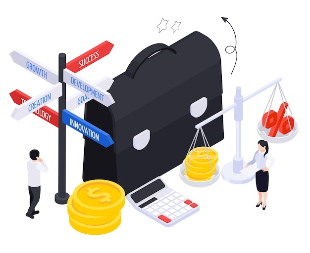 Free Vector business growth strategy isometric composition with direction post briefcase coins on weighs and characters of coworkers vector illustration