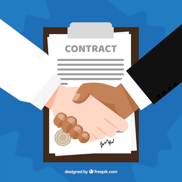 Business handshake background with contract in flat style