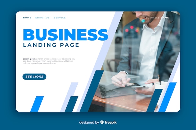 Free vector business landing page template with photo