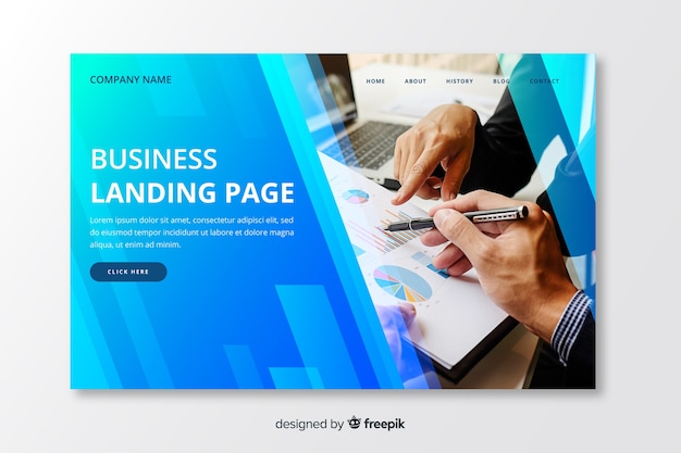 Free vector business landing page template with photo