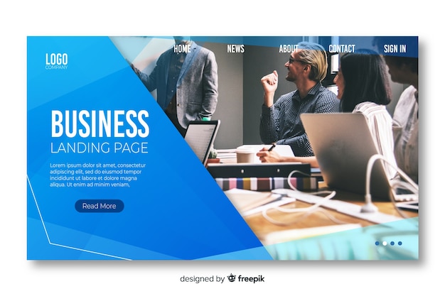 Free vector business landing page template with photo