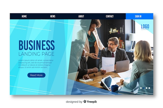 Free vector business landing page template with photo