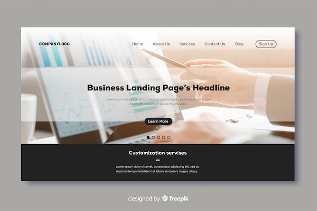 Free vector business landing page template with photo