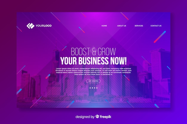 Free vector business landing page with photo and shapes