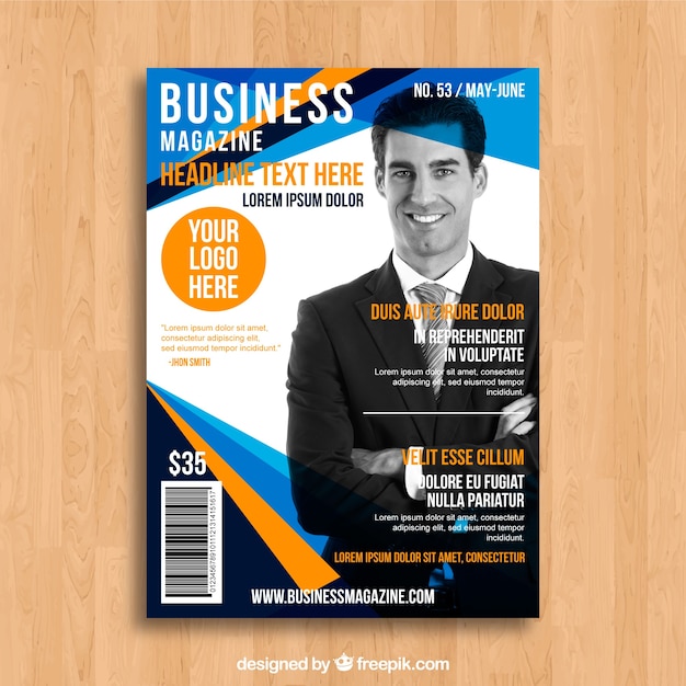 Free Vector business magazine cover template with photo