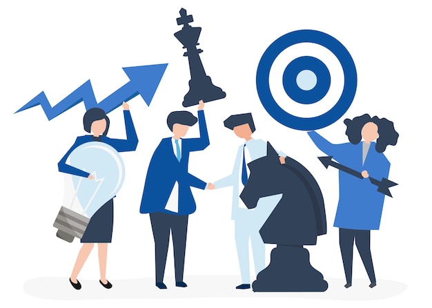 Free Vector business people holding goal and strategy icons illustration