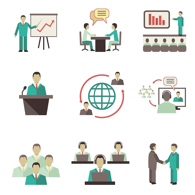 Business people online global discussions teamwork collaboration, meetings and presentations