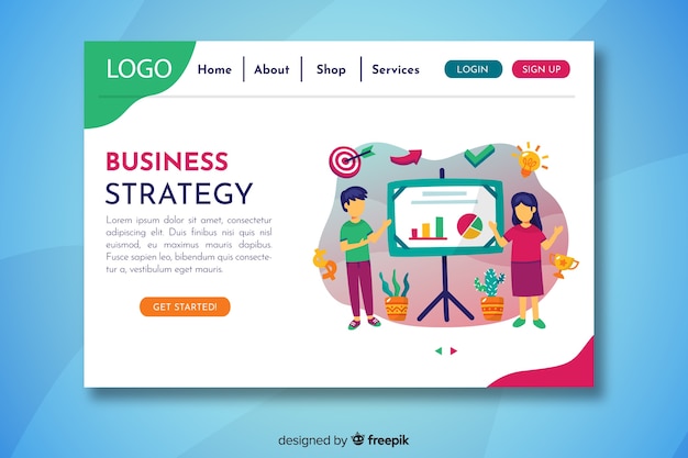 Free vector business strategy landing page with characters presenting