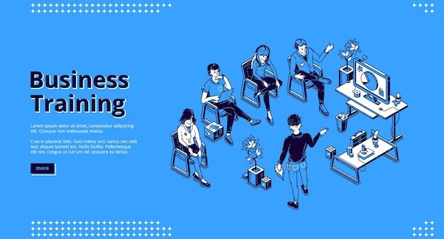 Free Vector business training isometric landing page.