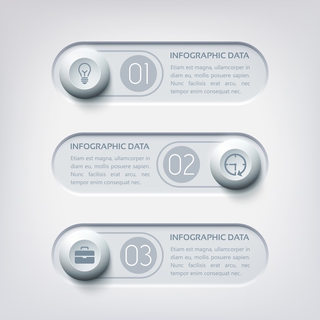 Free Vector business web infographics with three horizontal banners round buttons and icons in gray colors