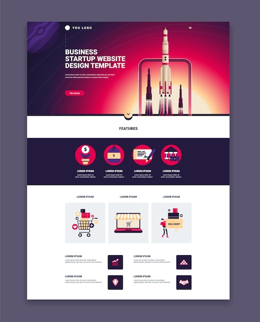 Business website page design template with three launching rockets and features