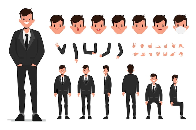 Free Vector businessman character in black suit constructor for different poses set of various mens faces