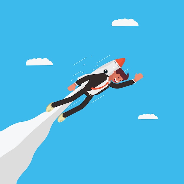 Businessman character flying using a rocket