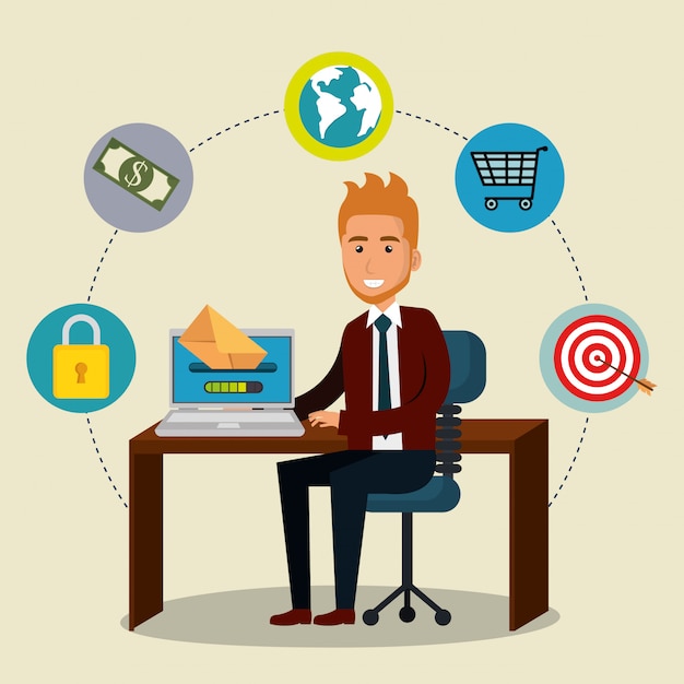 Free Vector businessman in the office with e-mail marketing icons