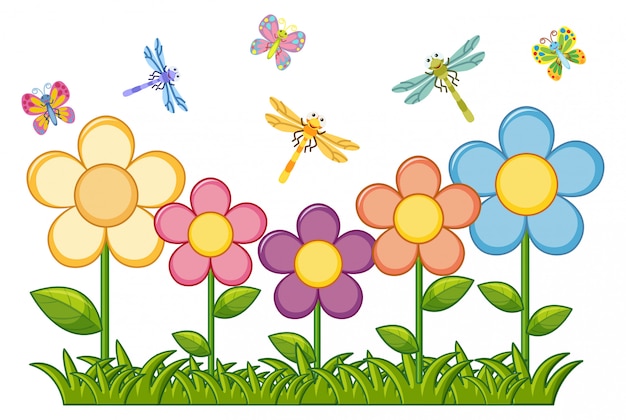 Free vector butterflies and dragonflies in flower garden