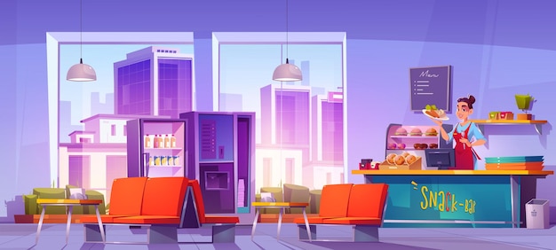 Free Vector cafe interior with city view fast food canteen