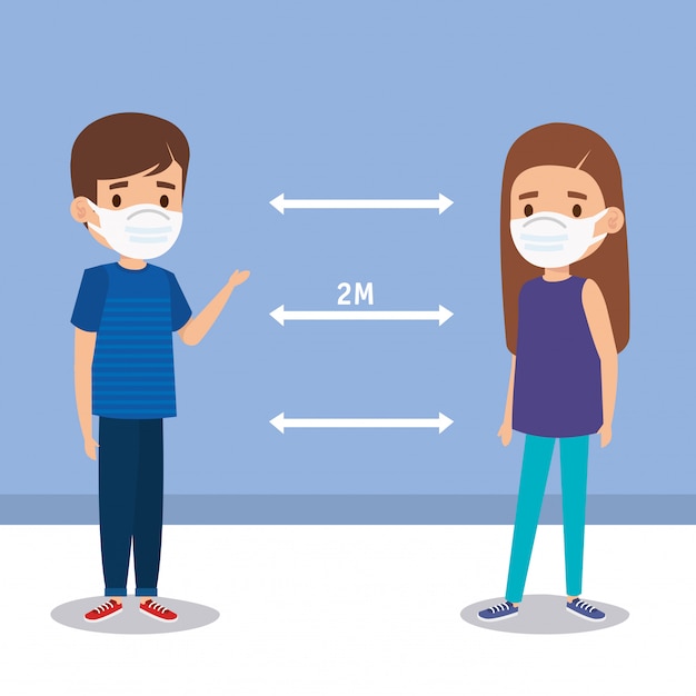 Free vector campaign of social distancing for covid 19 with children using face mask illustration design
