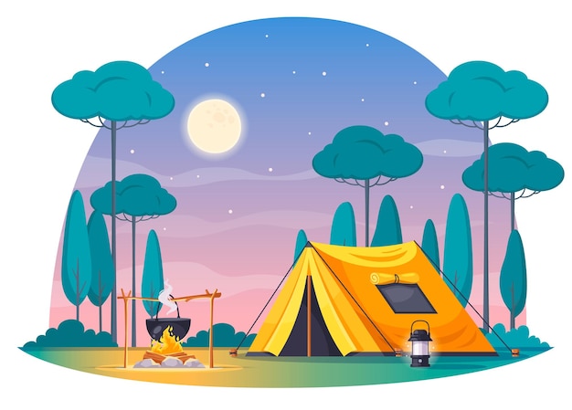 Free vector camping place cartoon composition with yellow tent lamp pot with dinner on fire night sky