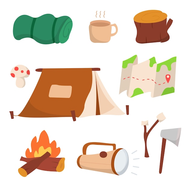 Free Vector camping supplies tools and equipment set vector illustration collection consists of tent sleeping bag travel backpack cauldron cable and others travelling concept